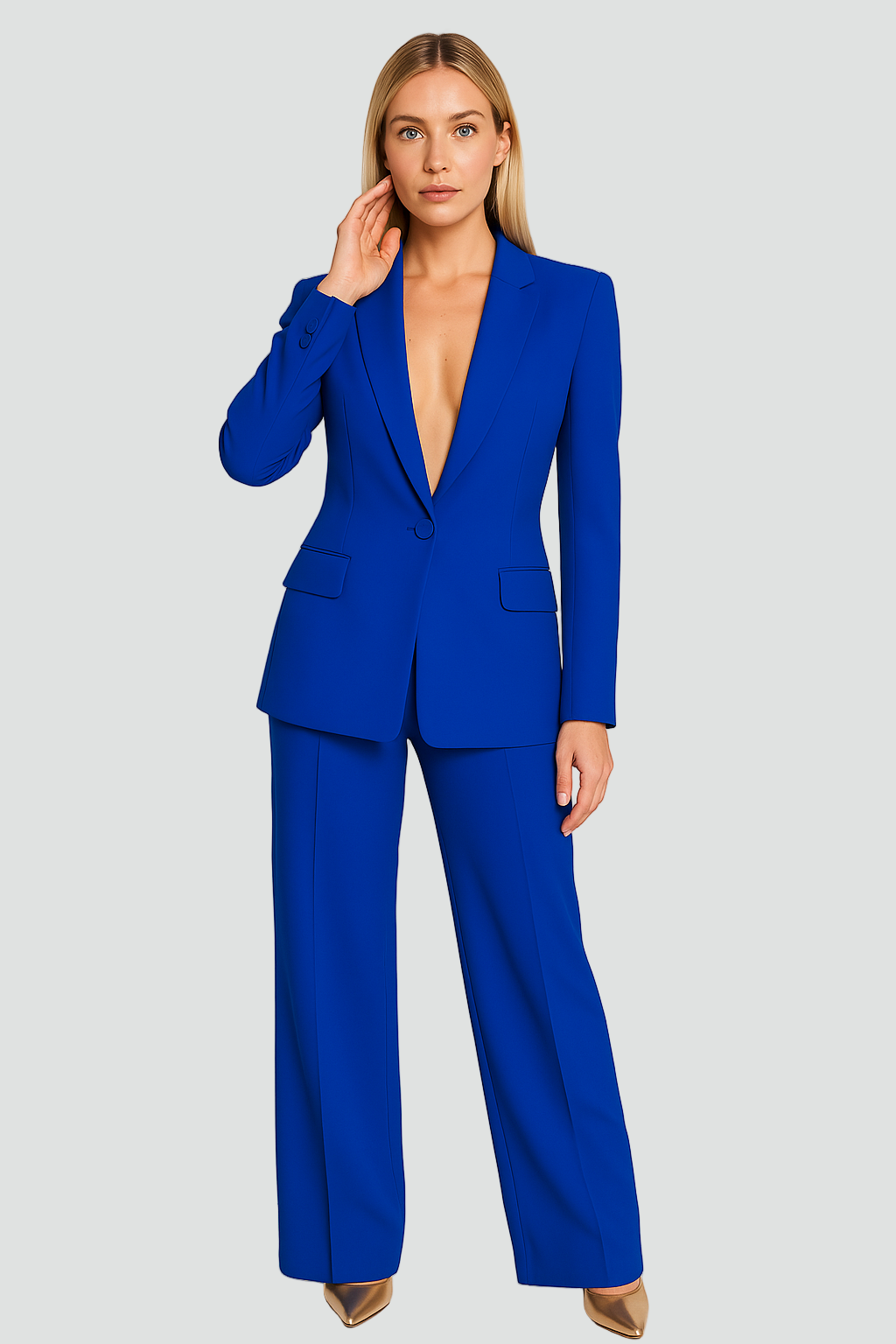 Dameskostuum Elegant Pak Blazer Broek Feestelijke Korte Jas, Broekpak met Diepe V-hals - Geel/Blauw/Zwart