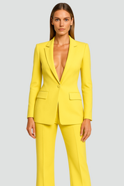 Dameskostuum Elegant Pak Blazer Broek Feestelijke Korte Jas, Broekpak met Diepe V-hals - Geel/Blauw/Zwart
