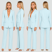 Dameskostuum Elegant Pak Blazer Broek Feestelijke Korte Jas, Broekpak met Diepe V-hals - Geel/Blauw/Zwart