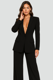 Dameskostuum Elegant Pak Blazer Broek Feestelijke Korte Jas, Broekpak met Diepe V-hals - Geel/Blauw/Zwart