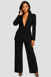 Dameskostuum Elegant Pak Blazer Broek Feestelijke Korte Jas, Broekpak met Diepe V-hals - Geel/Blauw/Zwart
