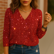 Dames Glitter V-Hals Blouse – Trendy Lange Mouwen Top | SIEM
