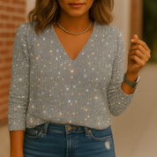 Dames Glitter V-Hals Blouse – Trendy Lange Mouwen Top | SIEM