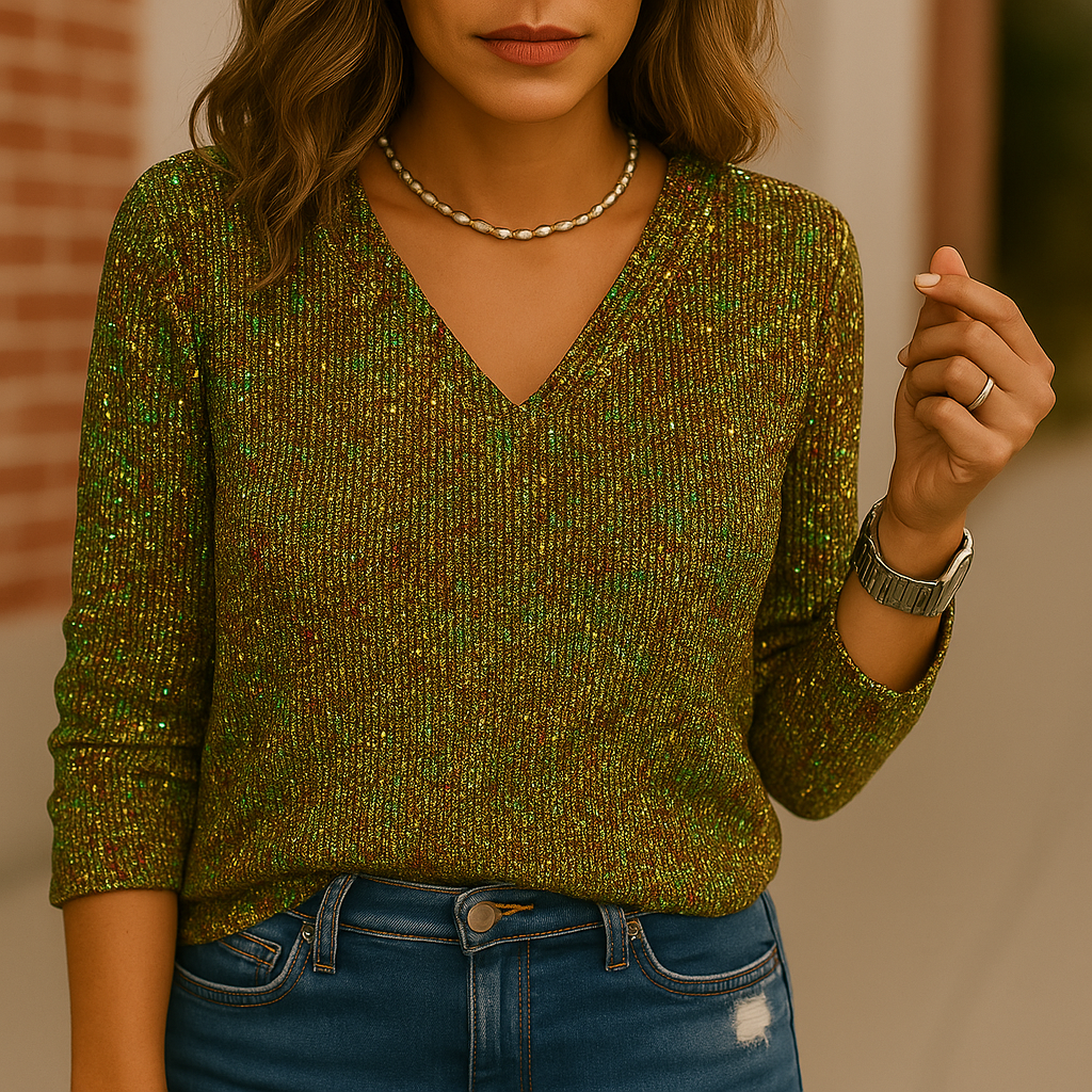 Dames Glitter V-Hals Blouse – Trendy Lange Mouwen Top | SIEM