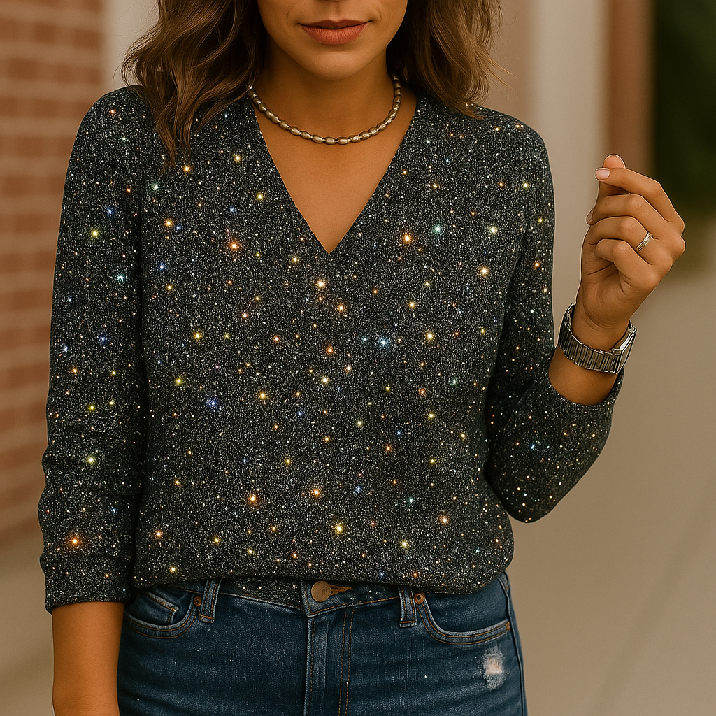 Dames Glitter V-Hals Blouse – Trendy Lange Mouwen Top | SIEM
