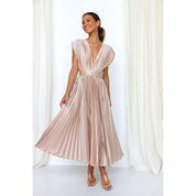 Dames Midi Jurk Plissé Rok V-hals Korte Mouwen Bruiloft Gast - Roze / Beige / Lila - Maelen