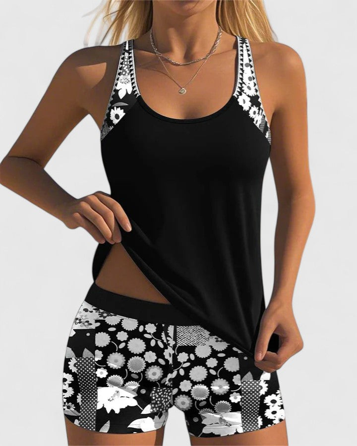 Tankini Set Dames met Bloemenprint Top en High Waist Shorts, Verstelbare Bandjes - Bianca Solaro