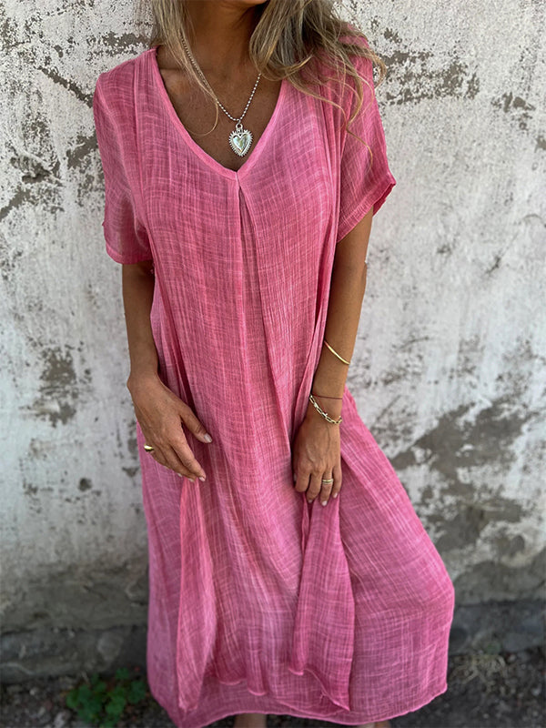 Dames Maxi Jurk Katoen Linnen V-hals Korte Mouwen Loszittend Zomer - Blauw / Roze / Oranje - Maelen