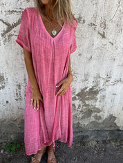 Dames Maxi Jurk Katoen Linnen V-hals Korte Mouwen Loszittend Zomer - Blauw / Roze / Oranje - Maelen