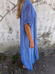 Dames Maxi Jurk Katoen Linnen V-hals Korte Mouwen Loszittend Zomer - Blauw / Roze / Oranje - Maelen