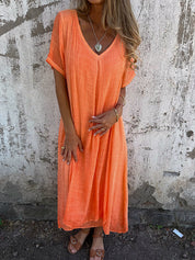 Dames Maxi Jurk Katoen Linnen V-hals Korte Mouwen Loszittend Zomer - Blauw / Roze / Oranje - Maelen