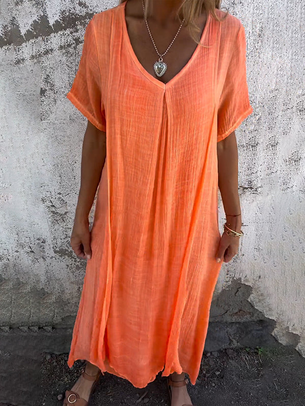 Dames Maxi Jurk Katoen Linnen V-hals Korte Mouwen Loszittend Zomer - Blauw / Roze / Oranje - Maelen