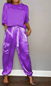 Dames Tweedelige Set Oversized Trui en Wide Leg Broek Casual Chic - Goud / Paars / Zwart - Maelen