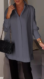 Bettina Blouse | Chique Oversized Chiffon Blouse met Omgeslagen Kraag en Lange Mouwen