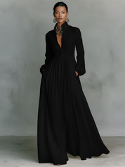 Dames Maxi Jurk Katoen Linnen Staande Kraag Lange Mouwen Enknoops - Wit / Blauw / Zwart - Maelen