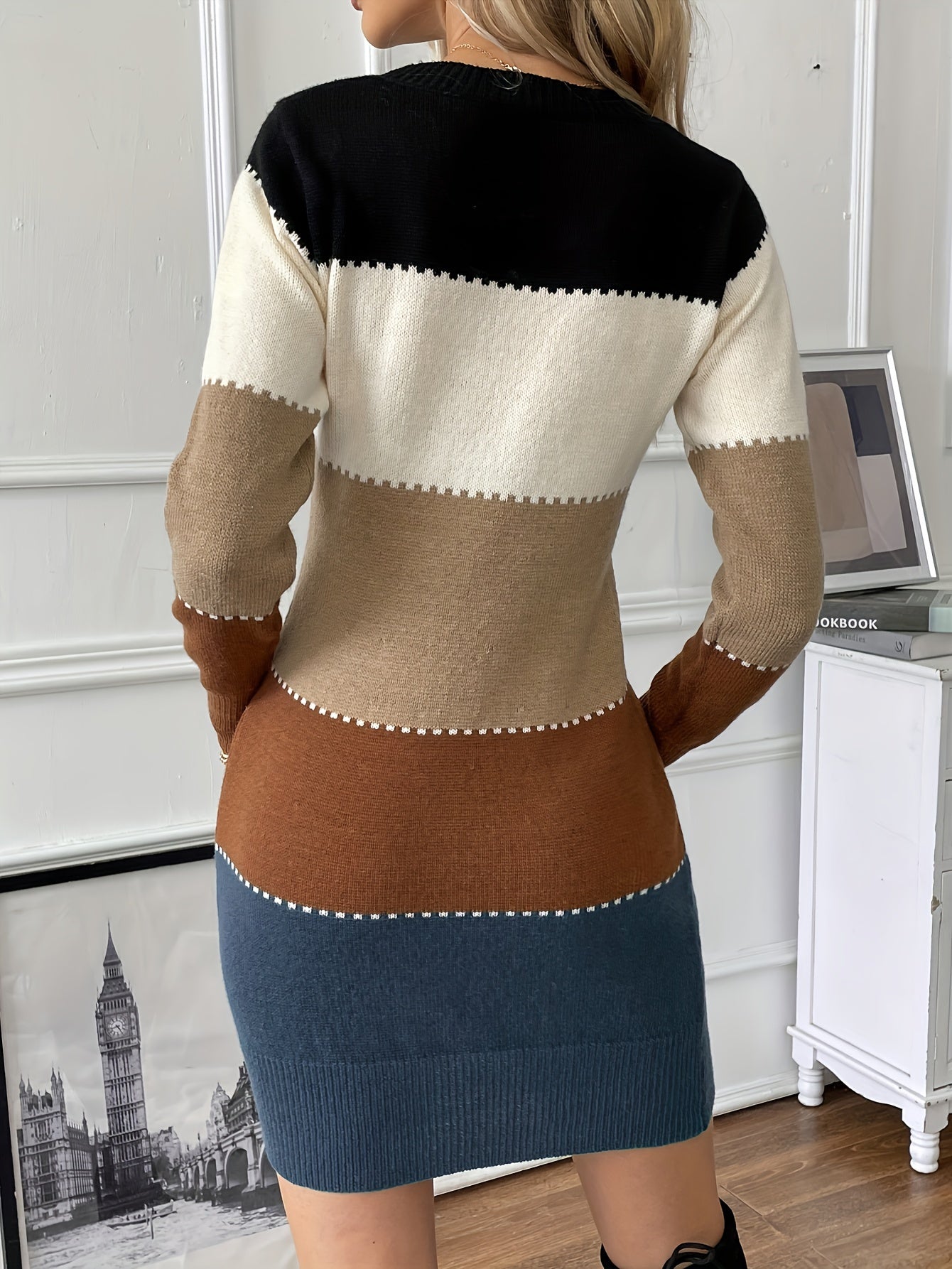 Chiara Jurk | Chique Herfstjurk met Kleurblok en Lange Mouwen