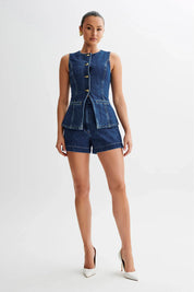 Kennedy Set | Denim Combi-Set met Lang Vest en Hoge Taille Shorts