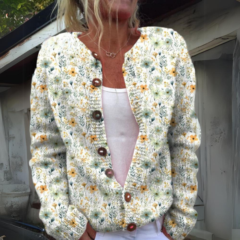 Chiara Gebreide Cardigan Dames – Vest met Knopen & Bloemenprint | Comfortabele Damestrui