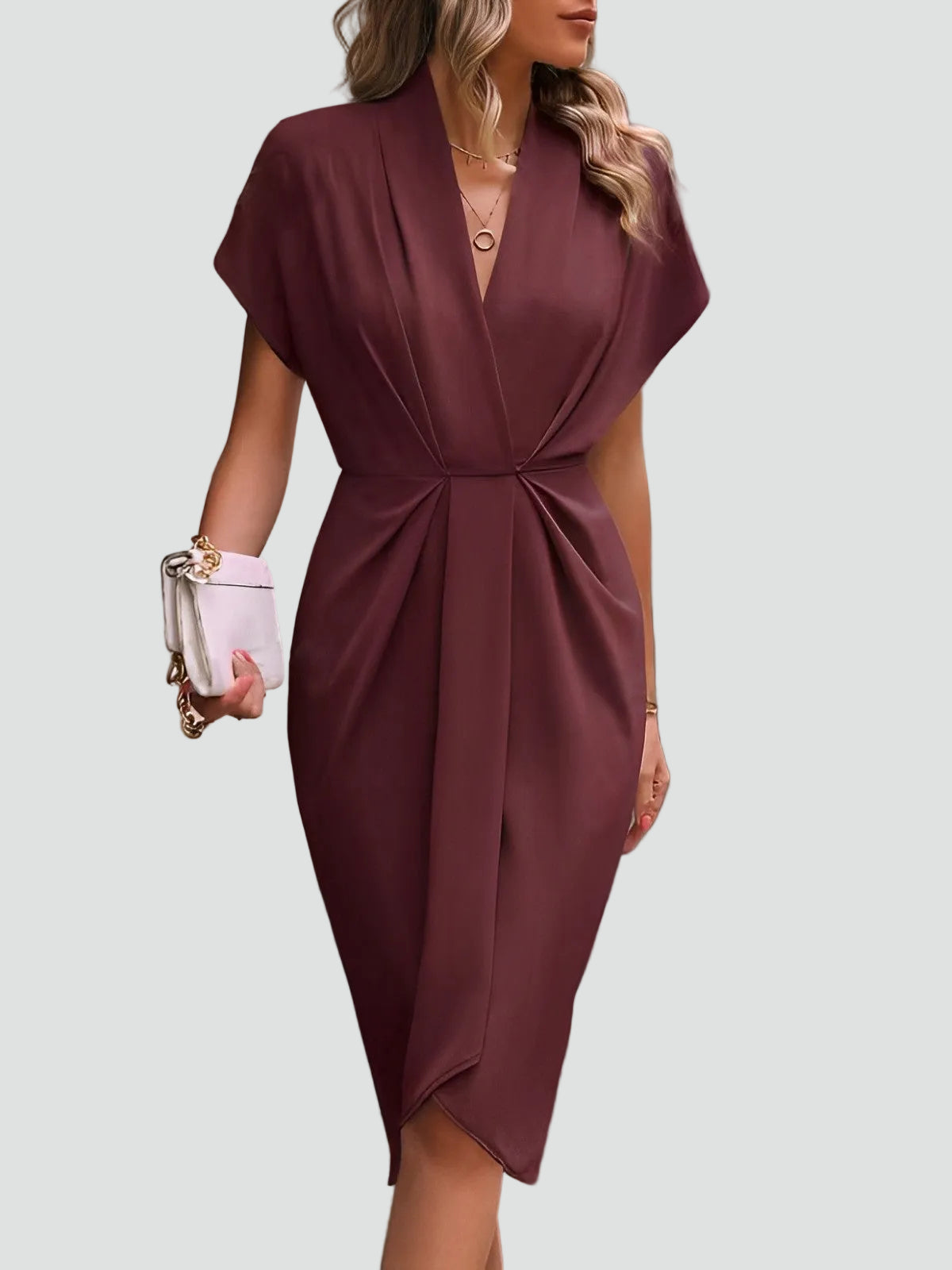 Wikkeljurk Midi Dames met V-hals en Plooien, Elegant en Vrouwelijk voor Cocktail en Diner - Luciana Mazzini
