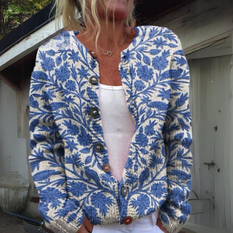 Chiara Gebreide Cardigan Dames – Vest met Knopen & Bloemenprint | Comfortabele Damestrui