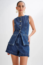 Kennedy Set | Denim Combi-Set met Lang Vest en Hoge Taille Shorts