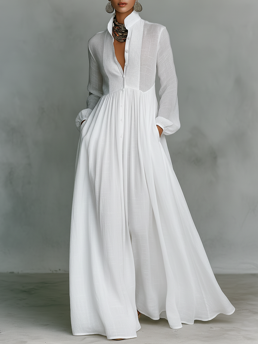 Dames Maxi Jurk Katoen Linnen Staande Kraag Lange Mouwen Enknoops - Wit / Blauw / Zwart - Maelen