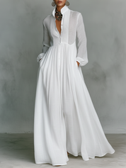Dames Maxi Jurk Katoen Linnen Staande Kraag Lange Mouwen Enknoops - Wit / Blauw / Zwart - Maelen