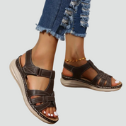 Orthopedische Leren Sandalen Dames met Klittenband en Sleehak voor Dagelijks Gebruik - Bruin/Zwart