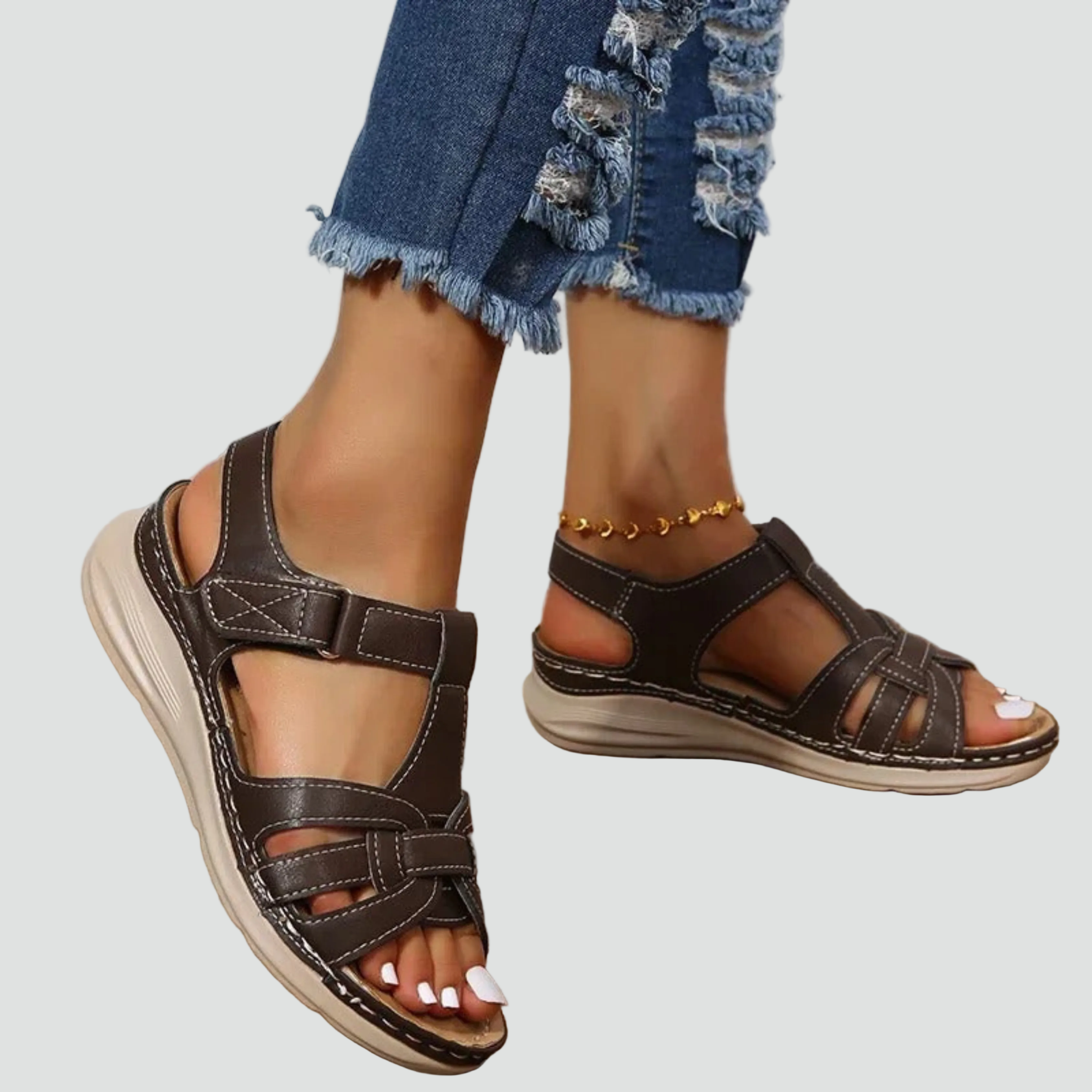 Orthopedische Leren Sandalen Dames met Klittenband en Sleehak voor Dagelijks Gebruik - Bruin/Zwart