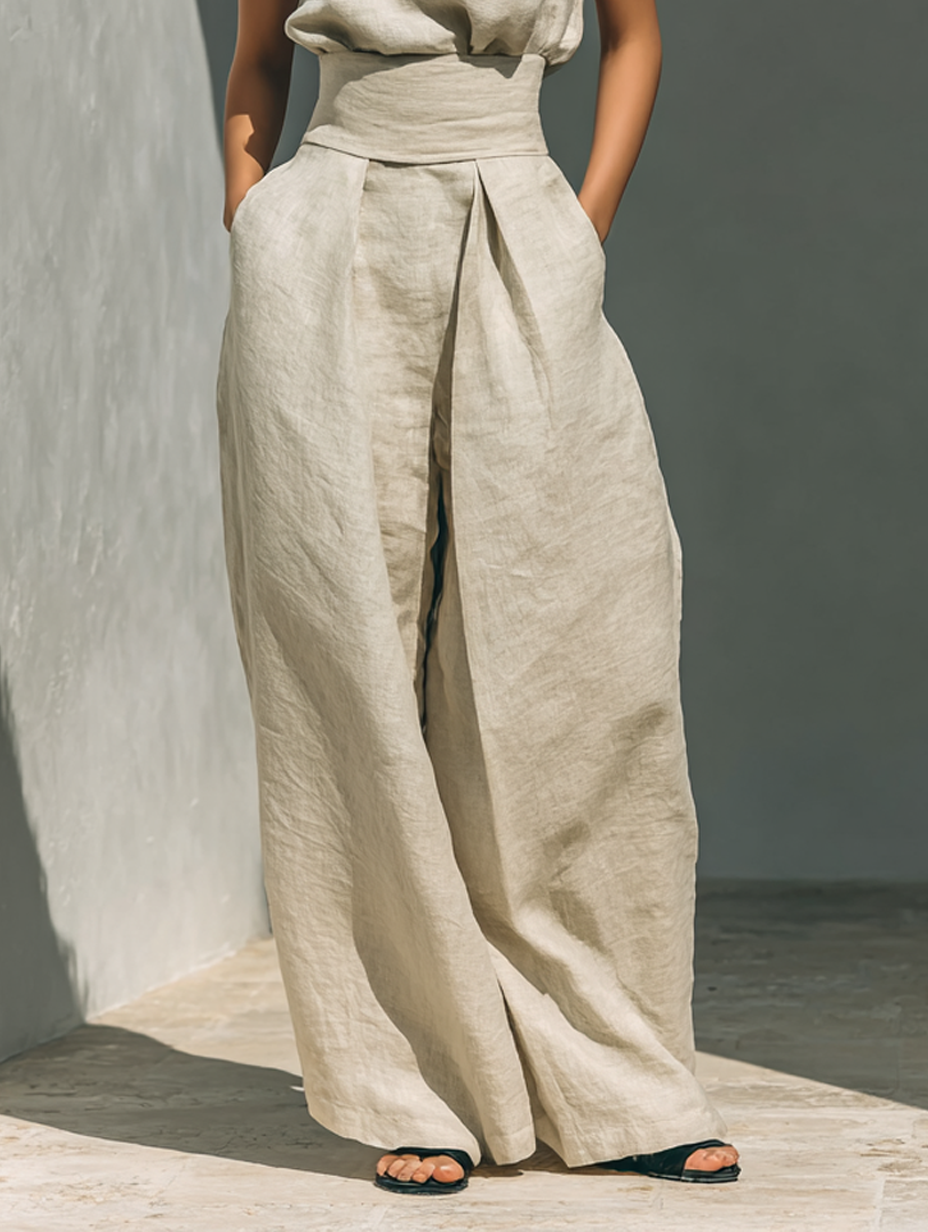 Linnen Set Dames Tweedelig Mouwloze Top en Wijde Broek - Lichtblauw / Khaki / Olijfgroen - Maelen