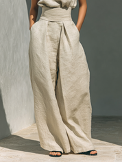 Linnen Set Dames Tweedelig Mouwloze Top en Wijde Broek - Lichtblauw / Khaki / Olijfgroen - Maelen