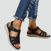 Orthopedische Leren Sandalen Dames met Klittenband en Sleehak voor Dagelijks Gebruik - Bruin/Zwart