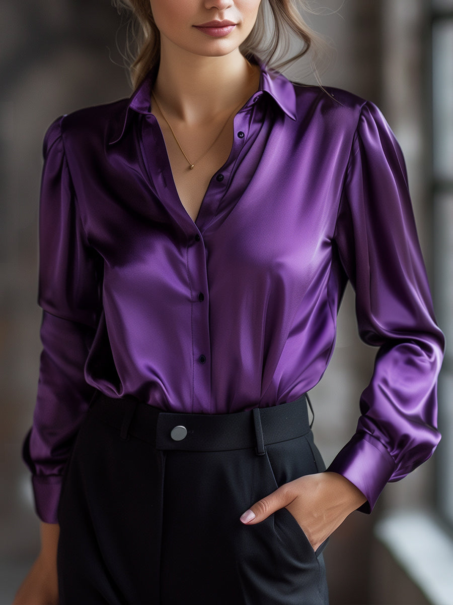 Giulietta Zwarte satijnen dames blouse – elegante blouse met lange mouwen en luxueuze glans