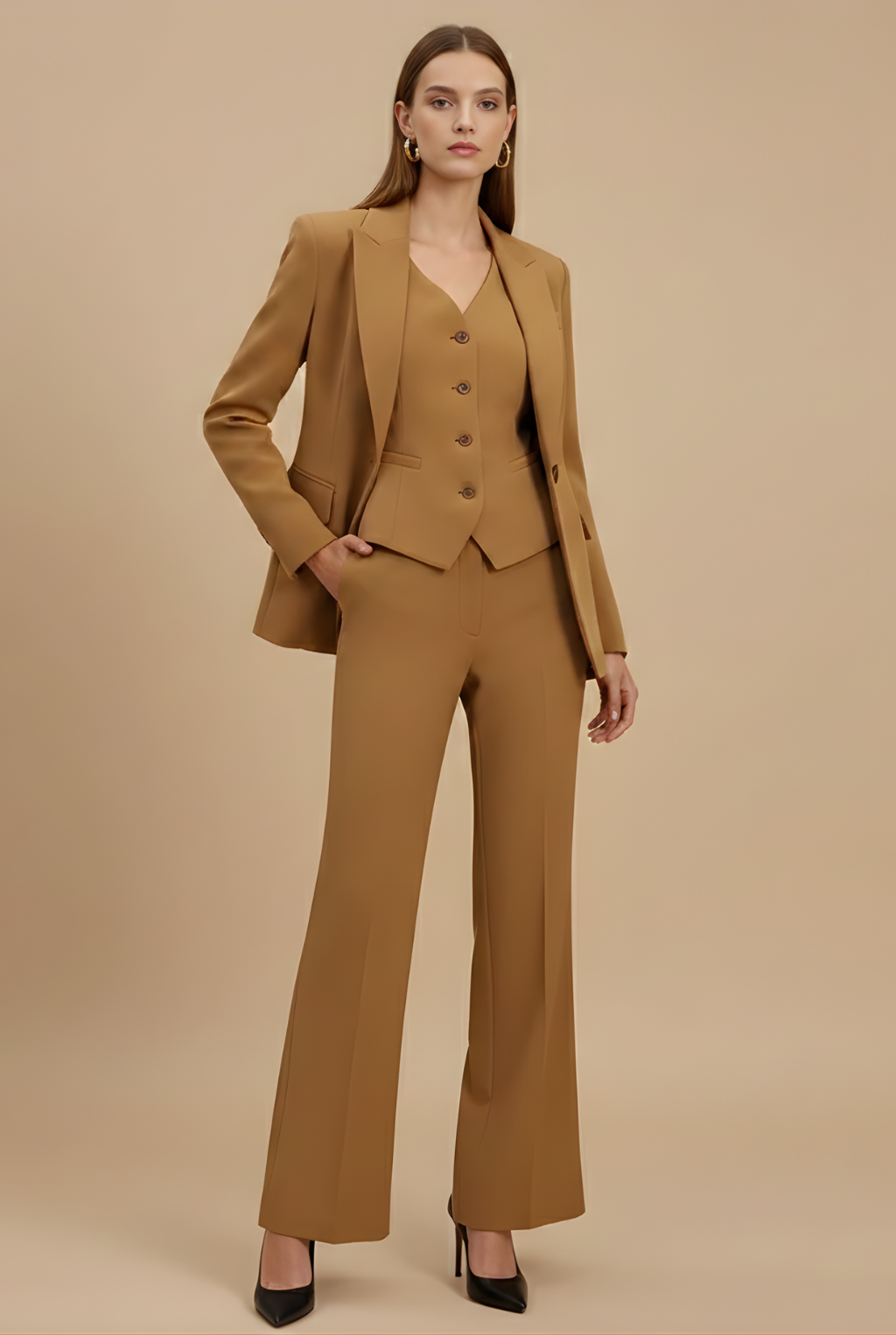 Dames Driedelige Set Blazer Vest en Flared Broek Getailleerd Formeel - Kameel / Wit / Marineblauw - Maelen