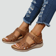 Orthopedische Leren Sandalen Dames met Klittenband en Sleehak voor Dagelijks Gebruik - Bruin/Zwart