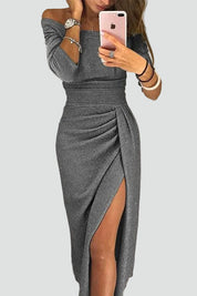 Aansluitende Midi Jurk Dames met Split en Glanzende Stof, Elegant voor Cocktail en Feest - Simona Vitale