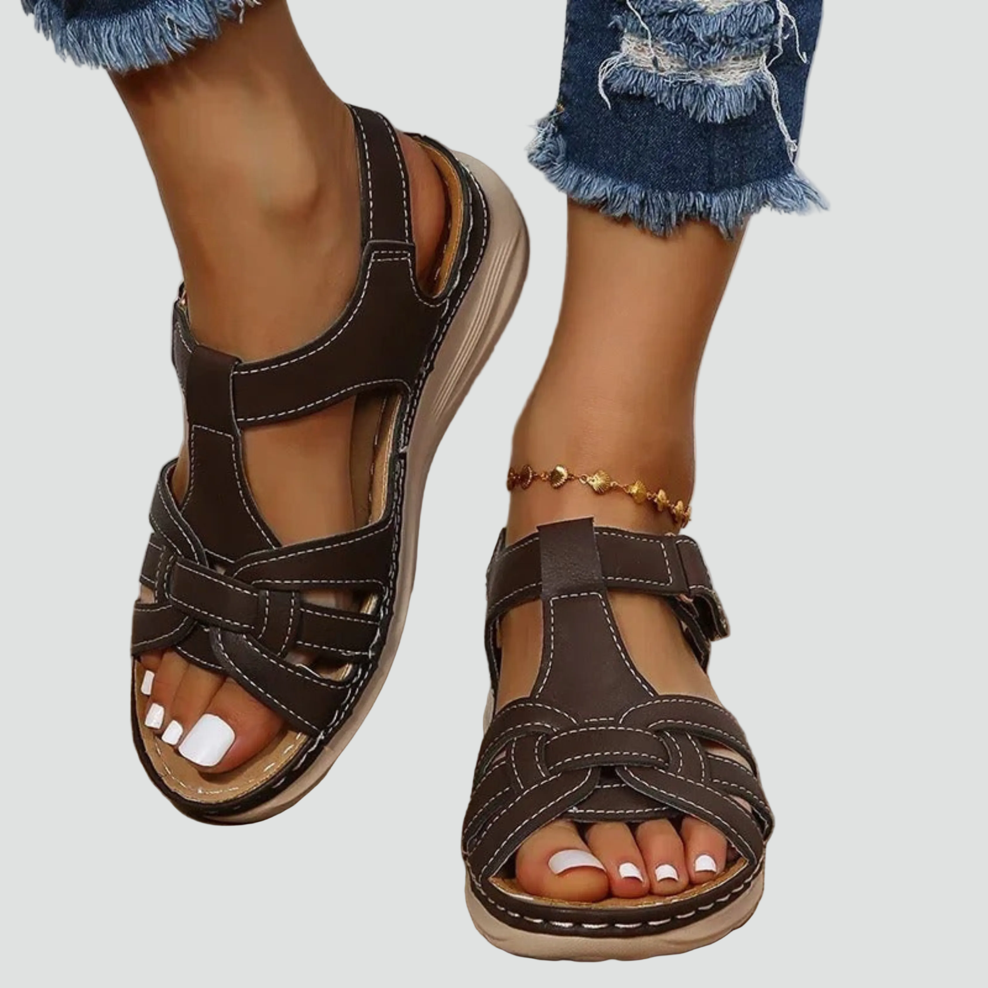 Orthopedische Leren Sandalen Dames met Klittenband en Sleehak voor Dagelijks Gebruik - Bruin/Zwart