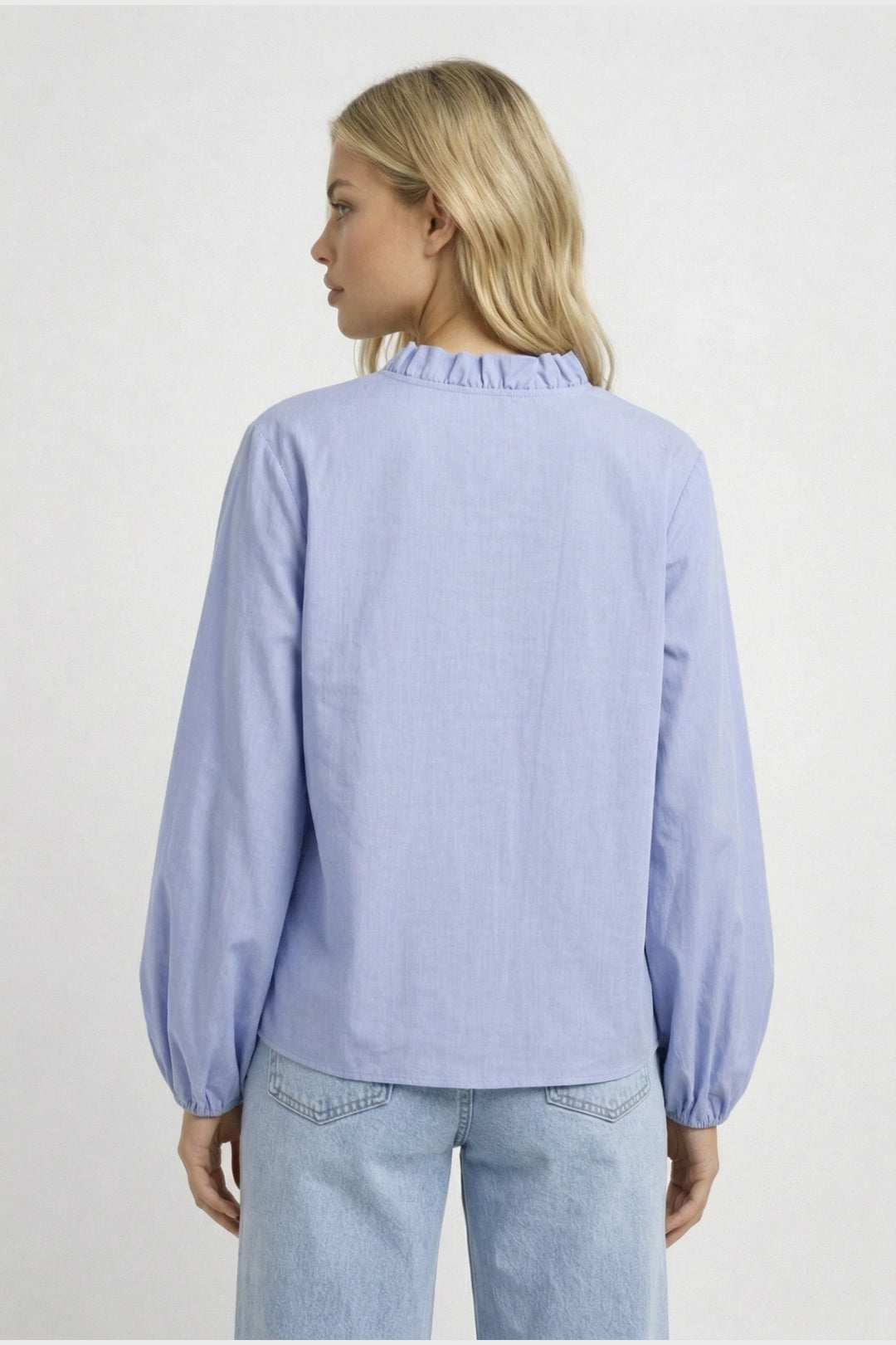 Damesblouse met Pofmouwen en Ruches - Lichtblauw / Wit - Maelen