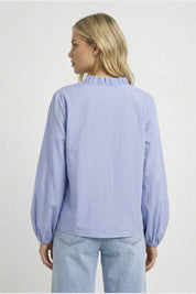 Damesblouse met Pofmouwen en Ruches - Lichtblauw / Wit - Maelen