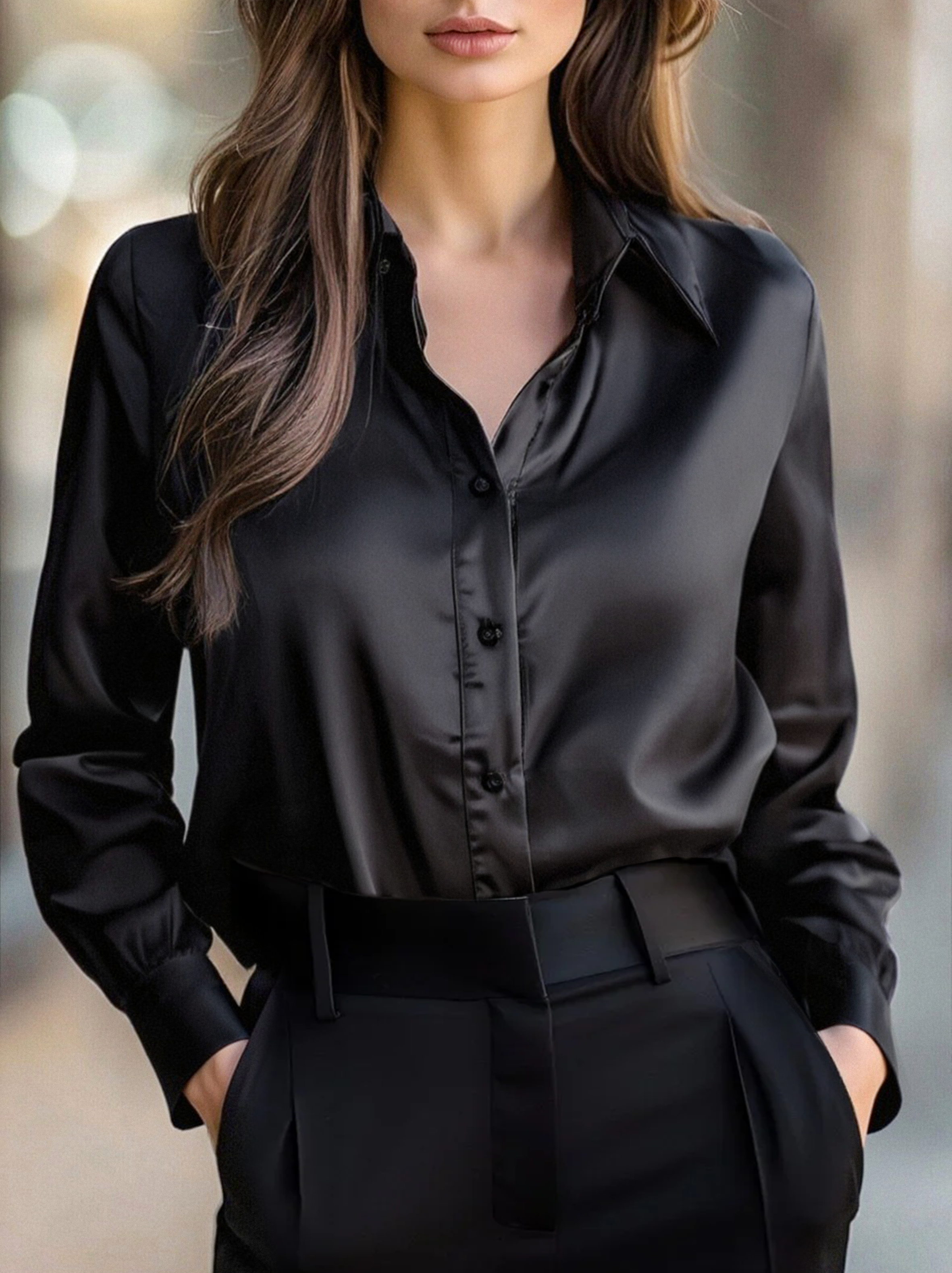Giulietta Zwarte satijnen dames blouse – elegante blouse met lange mouwen en luxueuze glans