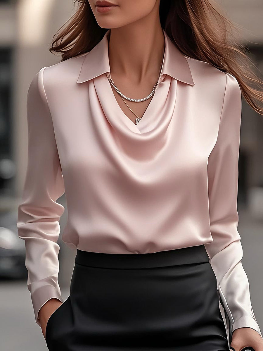 Luciana Witte satijnen dames blouse – elegante blouse met watervalhals en luxe uitstraling