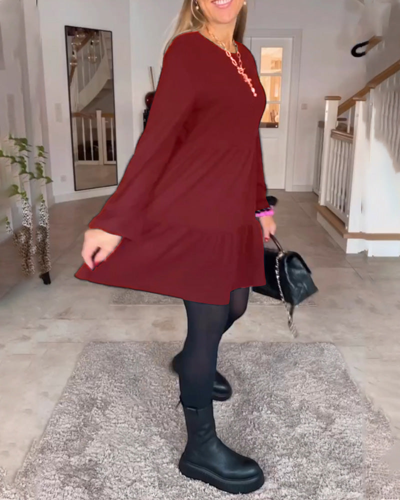 Julietta Jurk | Retro A-lijn Jurk met Ronde Hals en Lange Mouwen