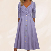 Anouk Jurk | Elegante Knopenjurk met Corsagedetail, A-lijn en Verborgen Zakken