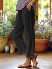Dames Linnen Broek Hoge Taille Zakken Loszittend - Wit / Zwart / Grijs - Maelen