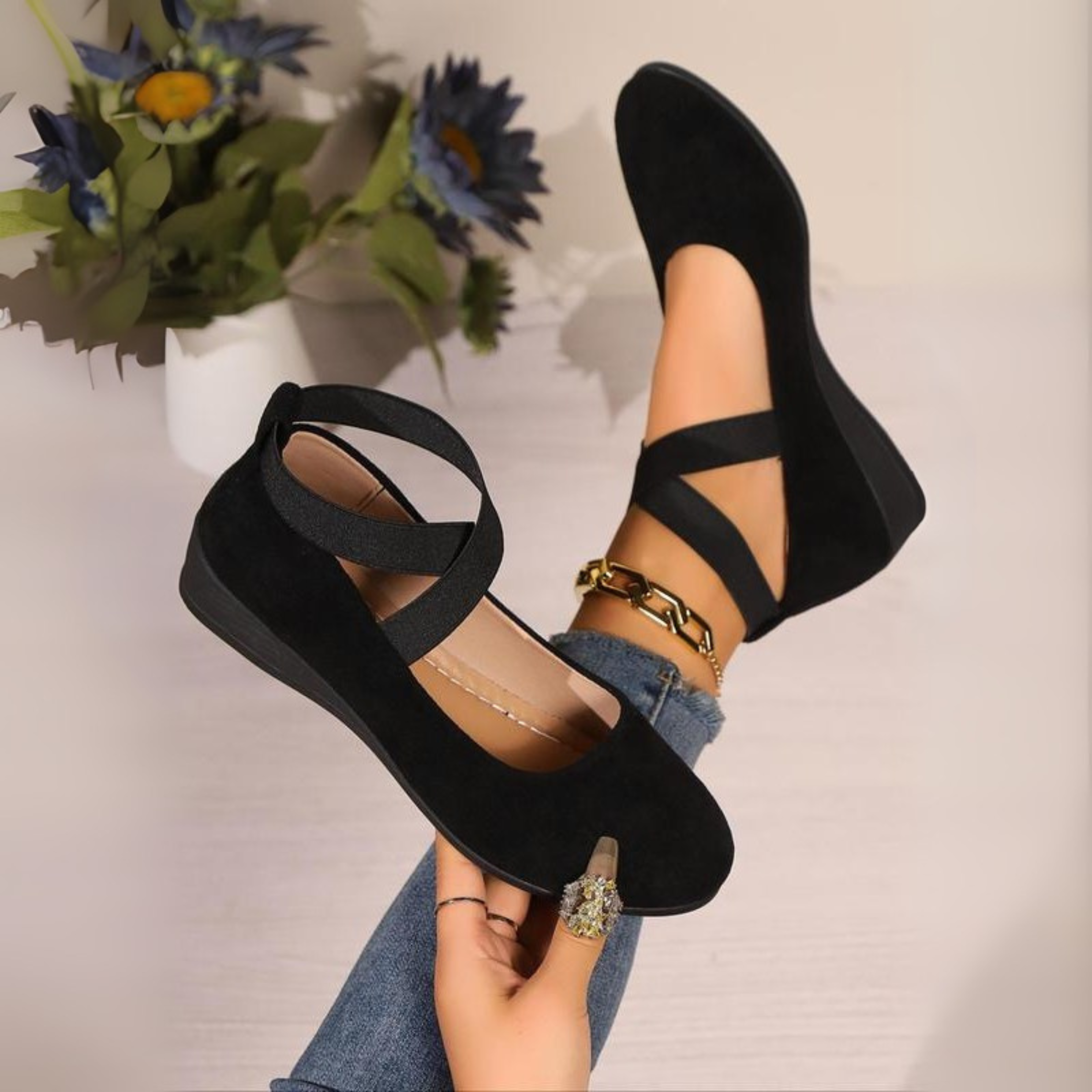 Dames Wedge Ballerina Gesloten Gekruiste Enkelbandjes Wigzool Dagelijks - Zwart / Bruin / Rood - Maelen
