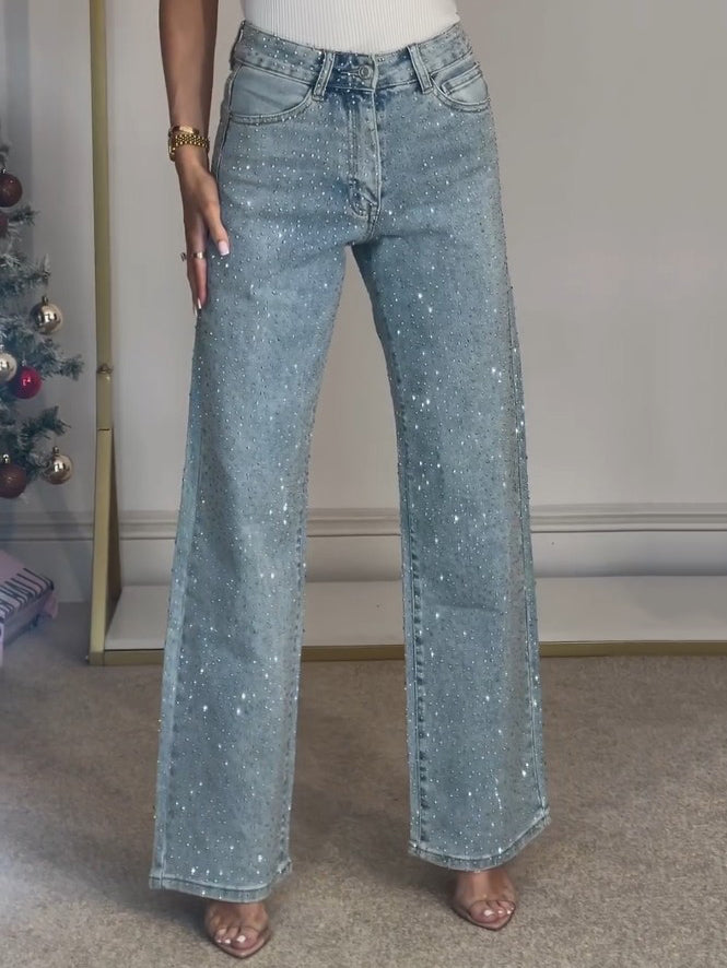 Serena Jeans | High-Waist Glamour Jeans met Wijde Pijp en Subtiele Glans