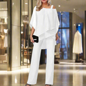Giulia Set | Schoudervrij Damespak van Luchtig Chiffon met Elegante Broek