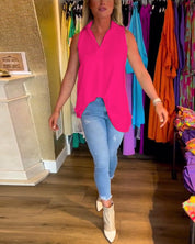 Lucia Blouse | Mouwloze Zomerblouse met V-Hals, Losse Pasvorm en Plooiachterkant