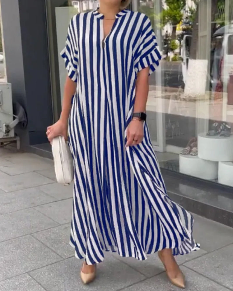 Valentina Jurk | Gestreepte Maxi Damesjurk met V-Hals en Oversized Pasvorm