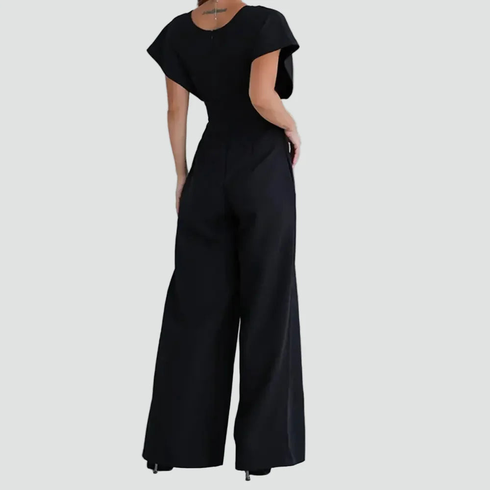 Dames Jumpsuit met Overslaghals, Wijde Pijpen en Kapmouwen - Zwart/Beige/Wit